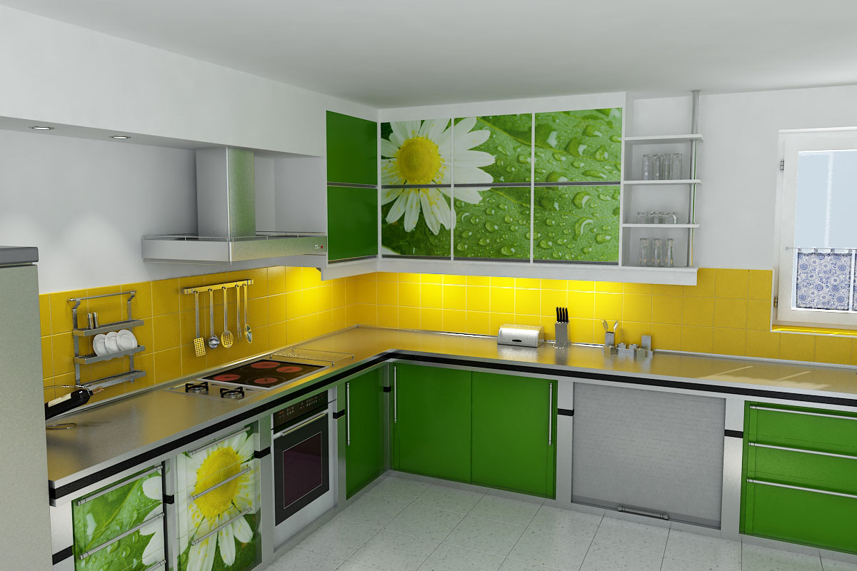 Зеленая кухня с рисунком ромашки